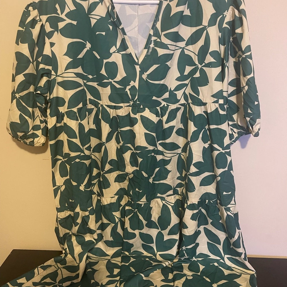 SHEIN Teal Leaf Print Long Sleeve Dress